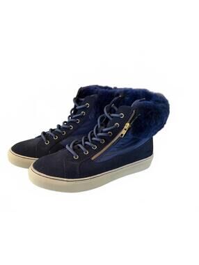Size 10 Navy Blue High Top Sneakers Fur Collar and Side Zipper